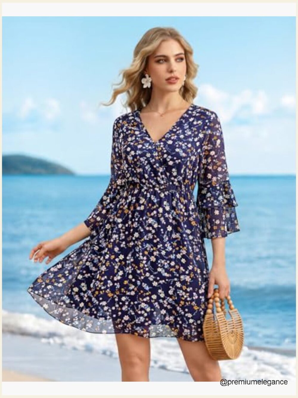 Midi Swing Dress with 3/4 Ruffle Sleeves, V-Neck, Elastic Waist, Flowy Chiffon - Picture 5 of 7